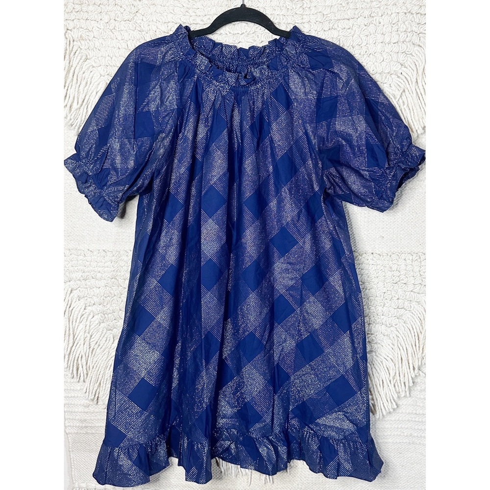 HILL HOUSE navy blue / silver glitter check The Katherine Nap dress L
